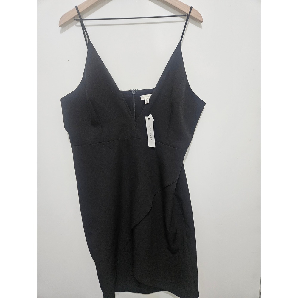 Topshop Black V-Neck Ruffle Mini Dress Spaghetti Strap 10L07RBLK Womensโ 14 NEW